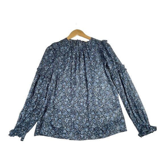 Michael Kors Floral Print Ruffle Trim Long Sleeve Shirt size XS‎ Blue - Picture 1 of 7